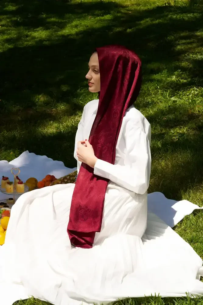Elegance Lace Desen Jakar Şal - Bordo - 4