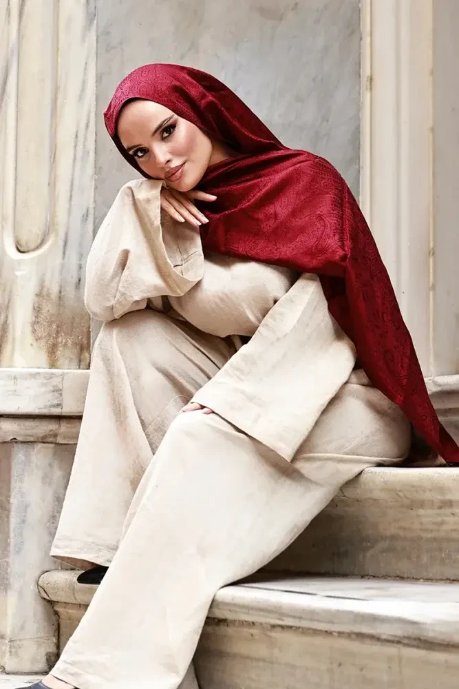 Elegance Lace Desen Jakar Şal - Bordo - MADAME POLO