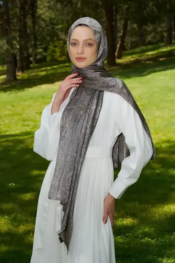 Rabia Hundi Elegance Lace Desen Jakar Şal - Kahverengi - MADAME POLO