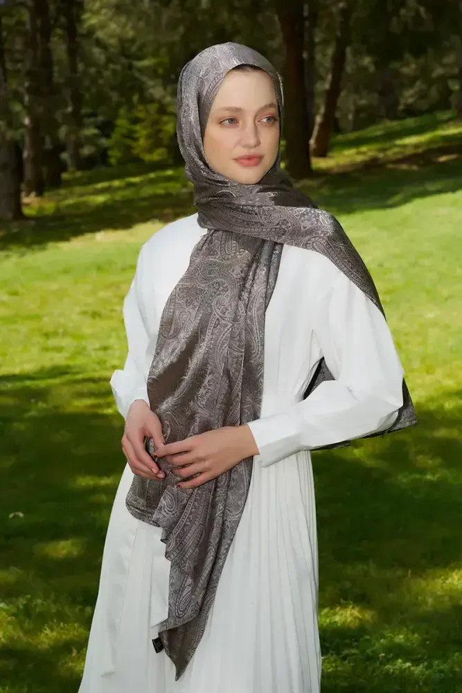Elegance Lace Desen Jakar Şal - Kahverengi - 4