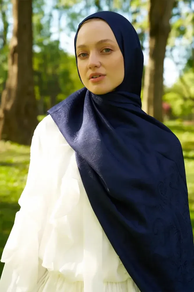 Elegance Lace Desen Jakar Şal - Lacivert - 1