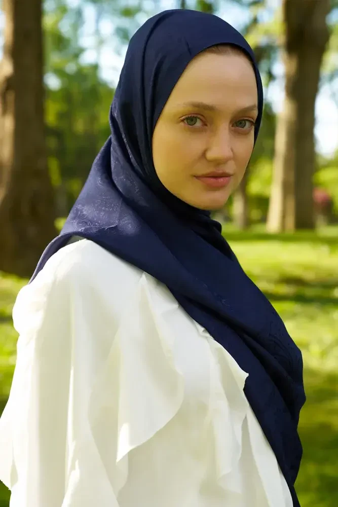 Elegance Lace Desen Jakar Şal - Lacivert - MADAME POLO