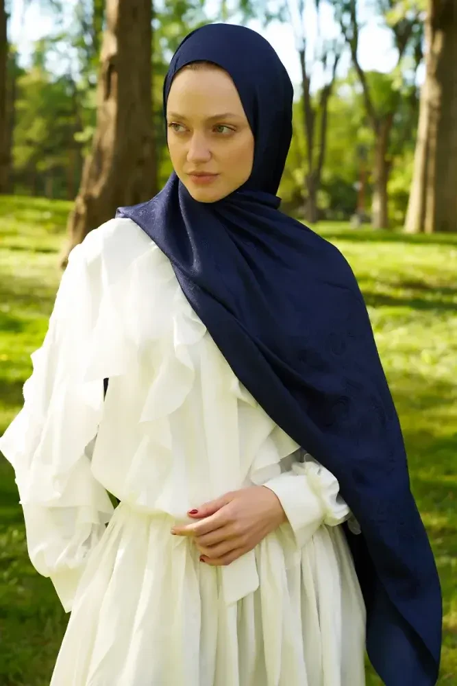 Elegance Lace Desen Jakar Şal - Lacivert - 4