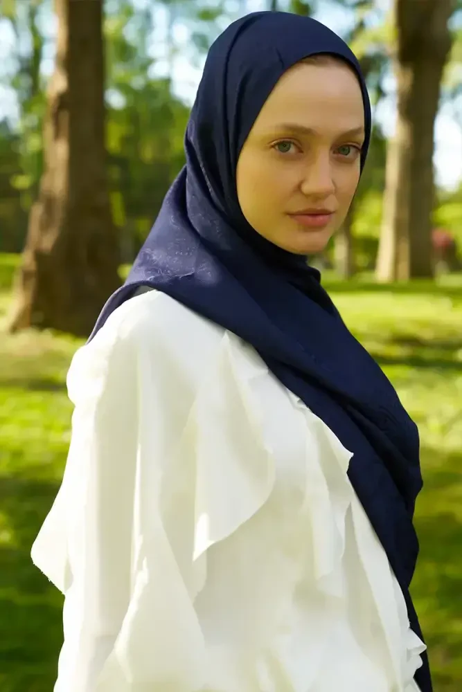 Elegance Lace Desen Jakar Şal - Lacivert - 2