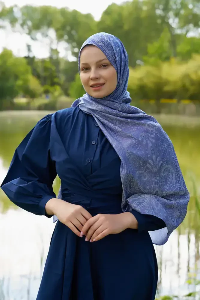 İrem Ceylan Elegance Lace Desen Jakar Şal - Mavi - MADAME POLO