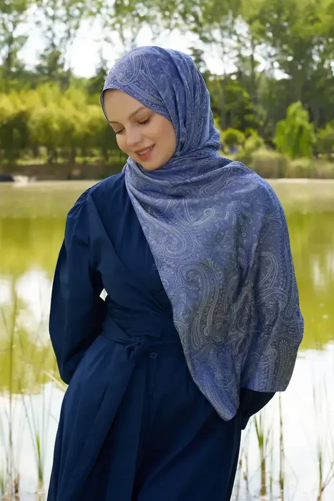 İrem Ceylan Elegance Lace Desen Jakar Şal - Mavi - MADAME POLO