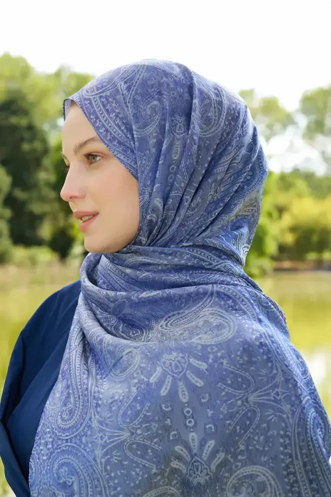 Elegance Lace Desen Jakar Şal - Mavi - 3
