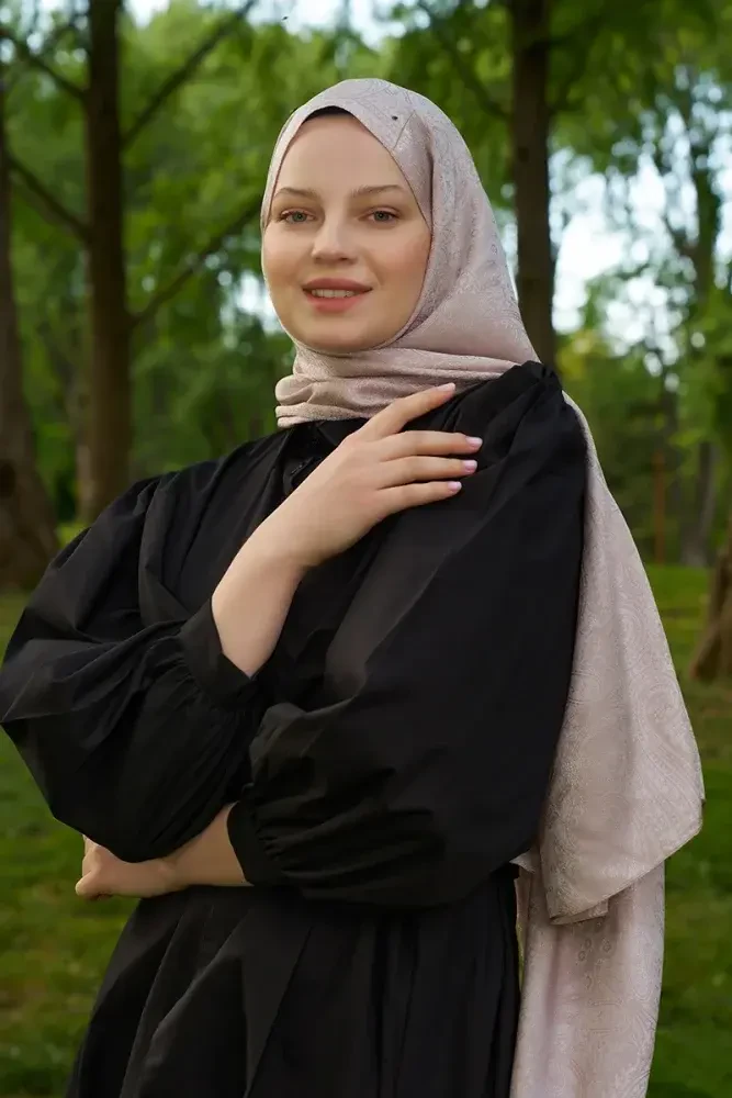 Elegance Lace Desen Jakar Şal - Pudra - 3