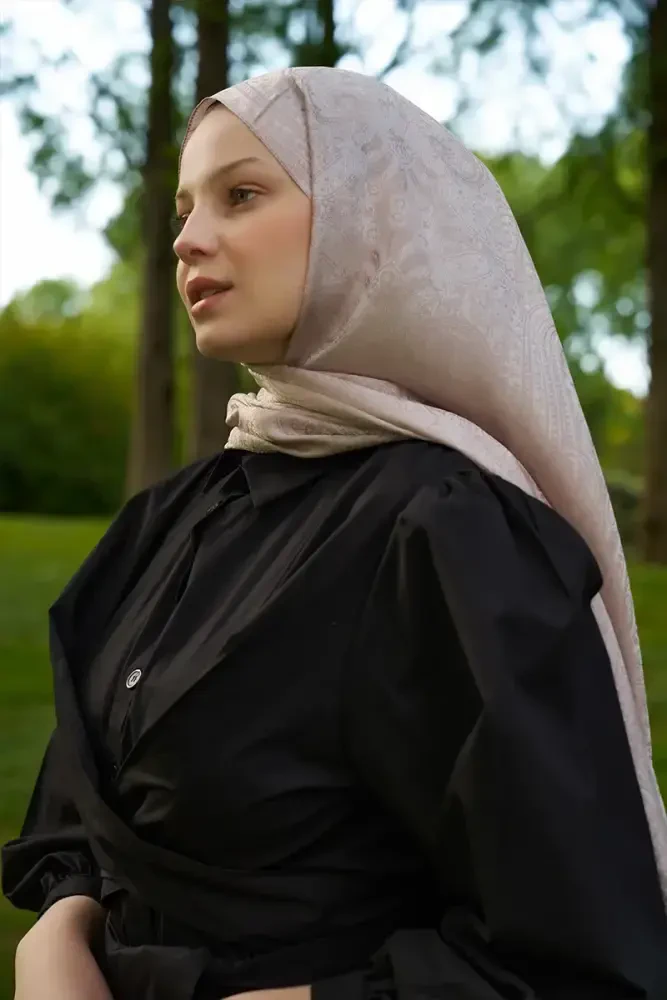 Elegance Lace Desen Jakar Şal - Pudra - 1