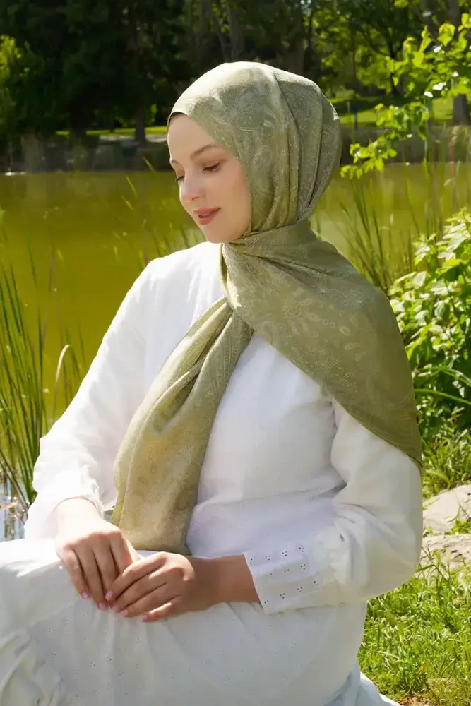 Elegance Lace Desen Jakar Şal - Yağ Yeşili - 1