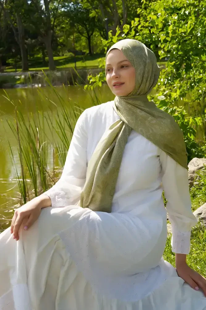 Elegance Lace Desen Jakar Şal - Yağ Yeşili - 2