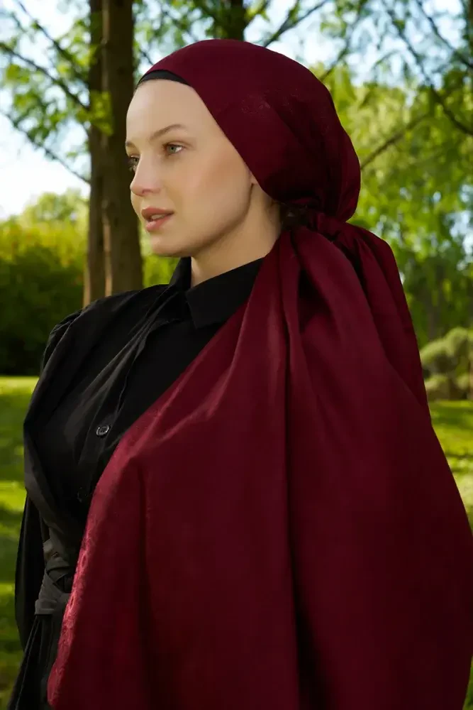 Elegance Silva Desen Jakar Şal - Bordo - 2