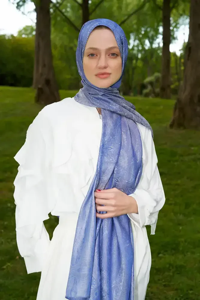 Elegance Silva Desen Jakar Şal - Mavi - MADAME POLO