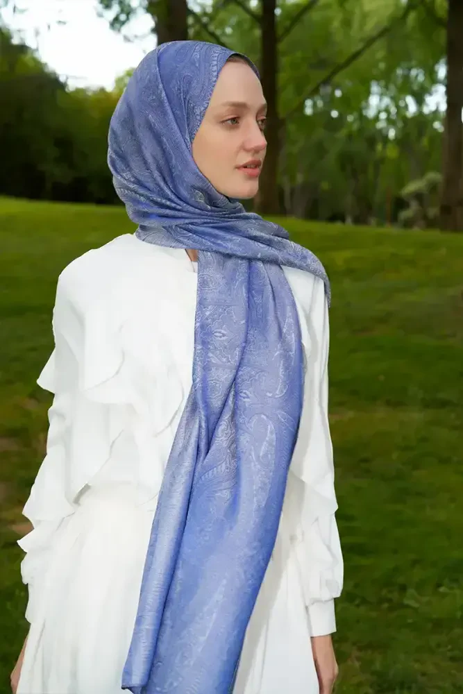 Elegance Silva Desen Jakar Şal - Mavi - MADAME POLO