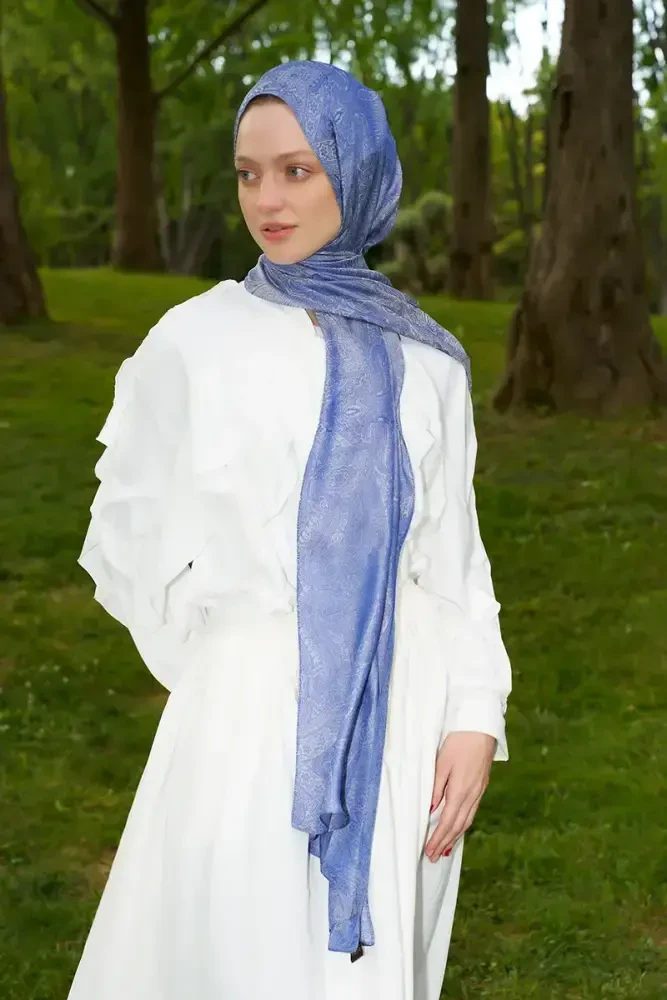 Elegance Silva Desen Jakar Şal - Mavi - 3