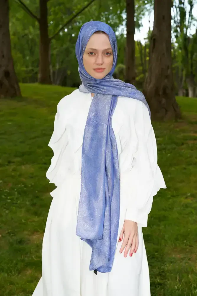 Elegance Silva Desen Jakar Şal - Mavi - 4