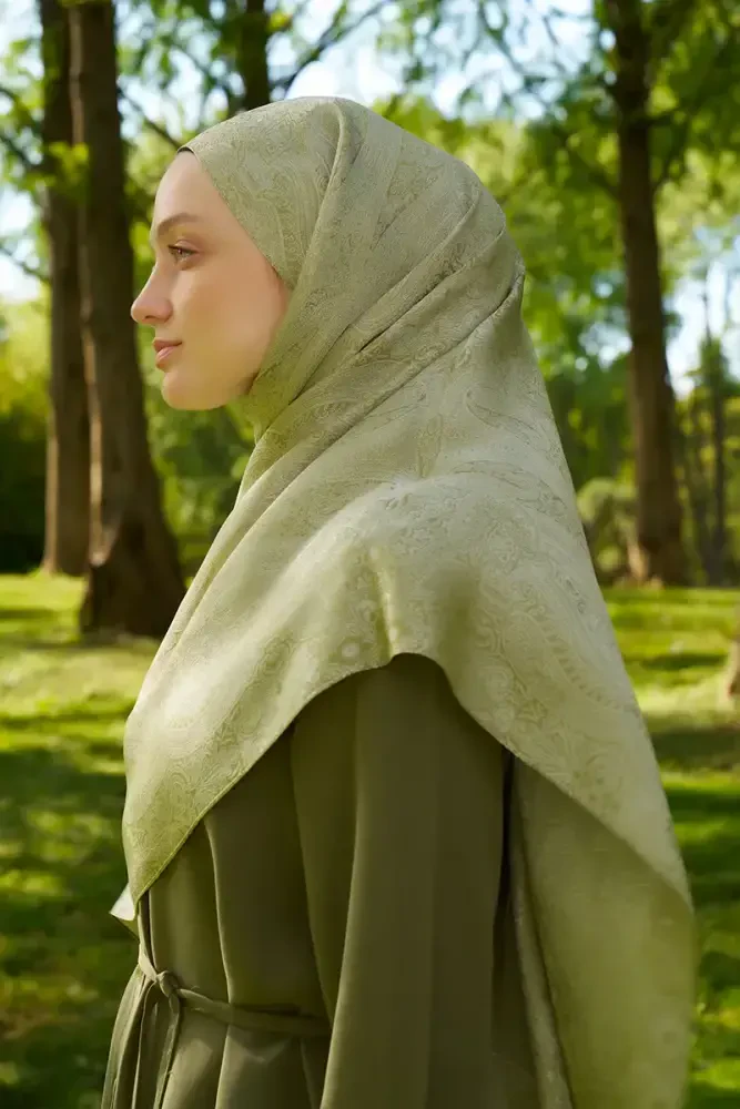 Elegance Silva Desen Jakar Şal - Yağ Yeşili - 1