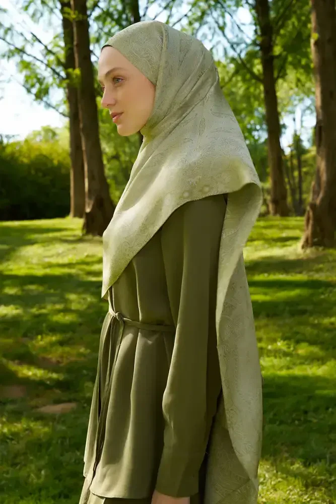 Elegance Silva Desen Jakar Şal - Yağ Yeşili - 2