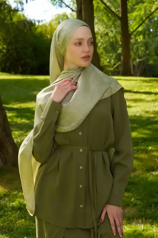 Elegance Silva Desen Jakar Şal - Yağ Yeşili - 3
