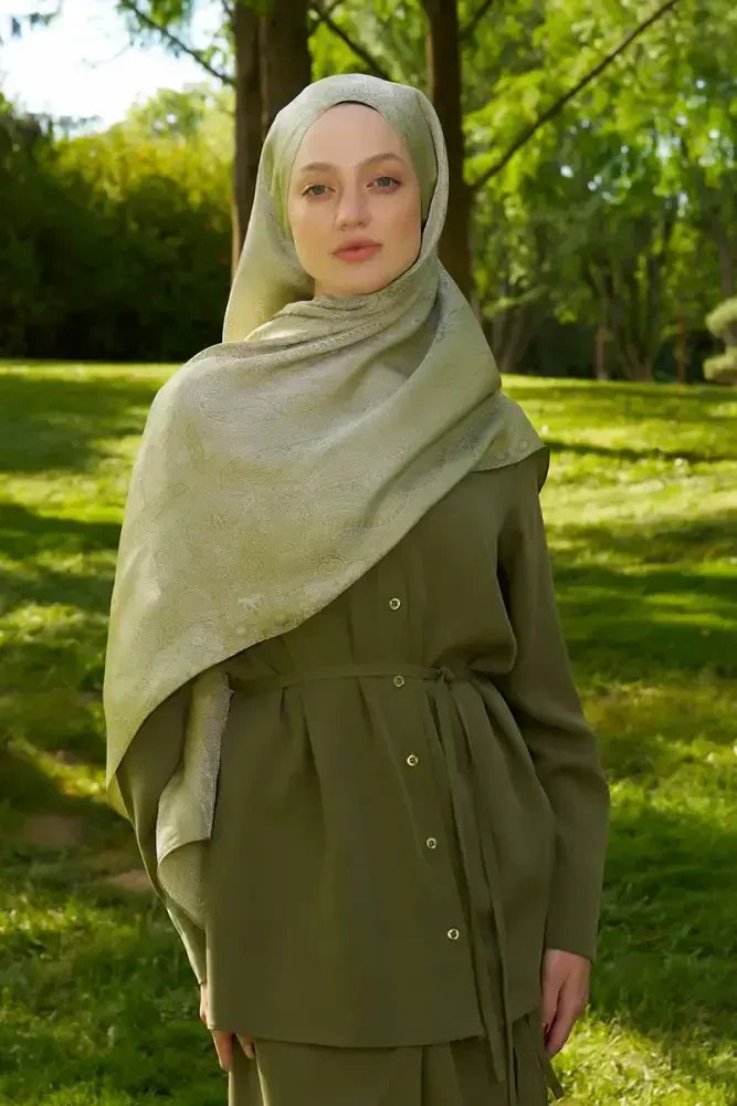Elegance Silva Desen Jakar Şal - Yağ Yeşili - 4