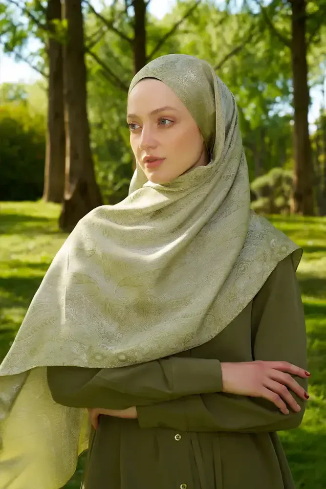 Elegance Silva Desen Jakar Şal - Yağ Yeşili - 5