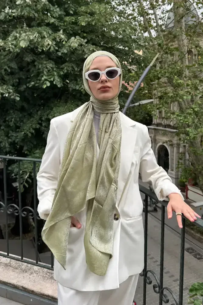 Elegance Silva Desen Jakar Şal - Yağ Yeşili - 1