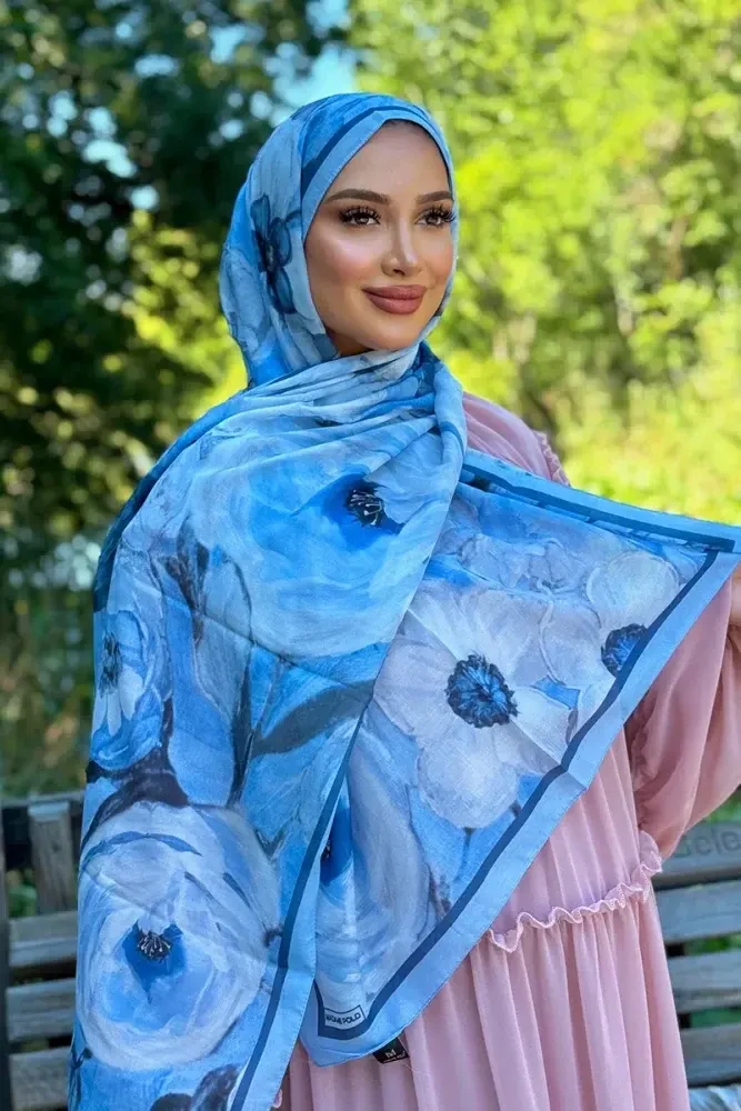 Kübra KOÇ Endless Bloom Desen Şal - Mavi - MADAME POLO