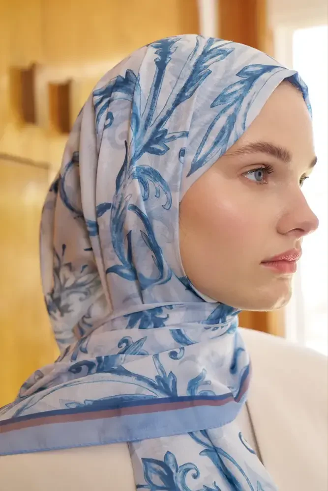 Endless Golden Desen Şal - Mavi - MADAME POLO