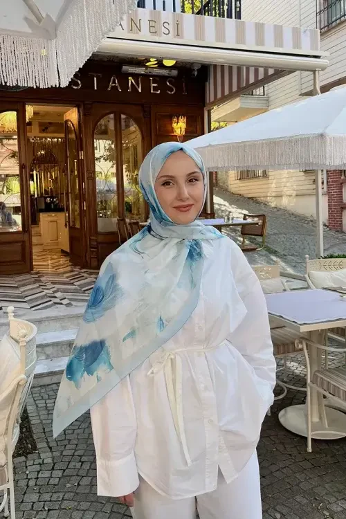 Fransız İpeği Ahenk Desen Şal - Açık Mavi 