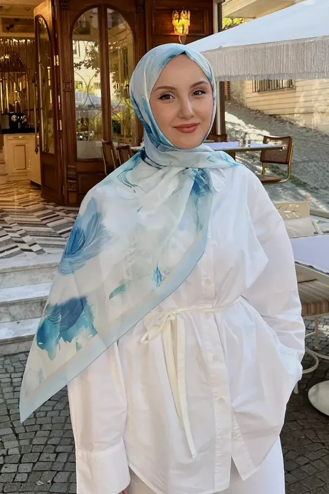 Fransız İpeği Ahenk Desen Şal - Açık Mavi - MADAME POLO