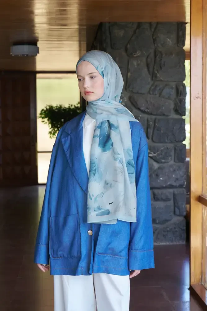 Fransız İpeği Ahenk Desen Şal - Açık Mavi - MADAME POLO