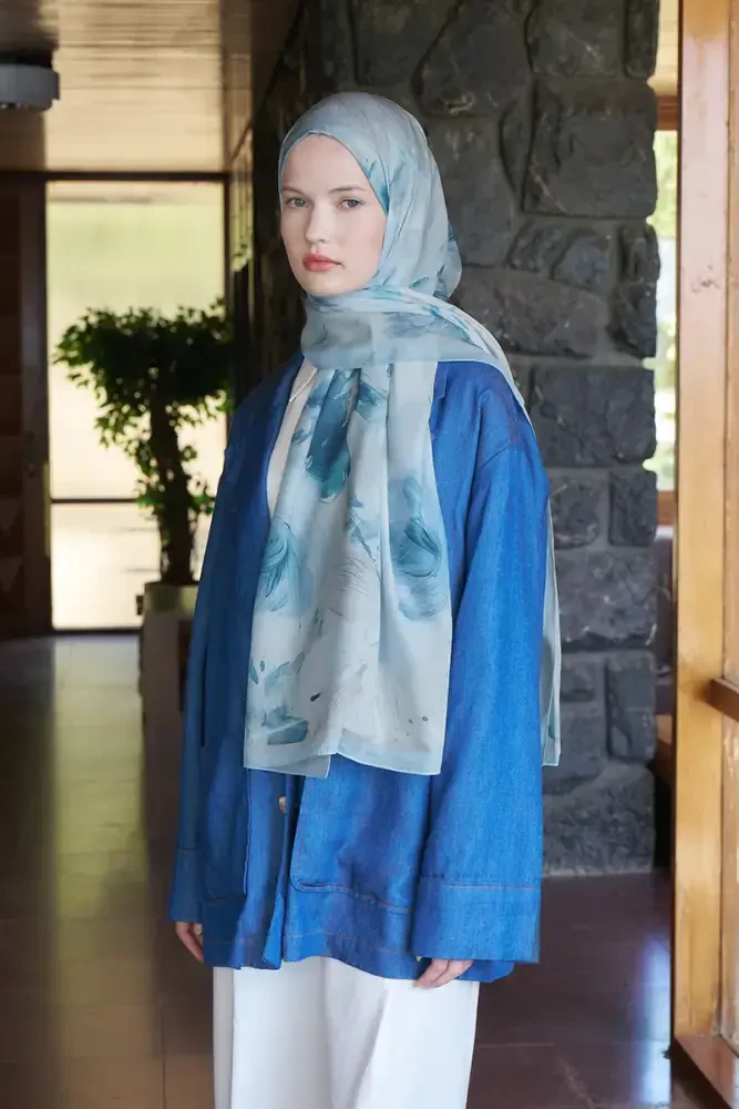Fransız İpeği Ahenk Desen Şal - Açık Mavi - 3