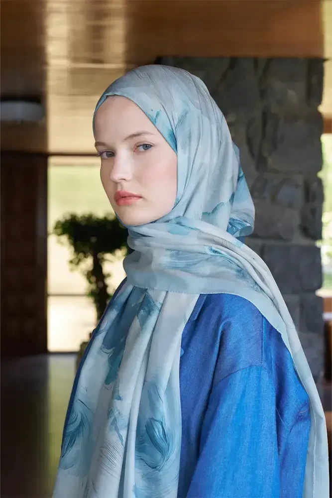 Fransız İpeği Ahenk Desen Şal - Açık Mavi - 4