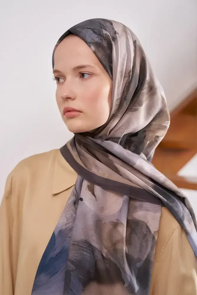 Fransız İpeği Ahenk Desen Şal - Haki - MADAME POLO