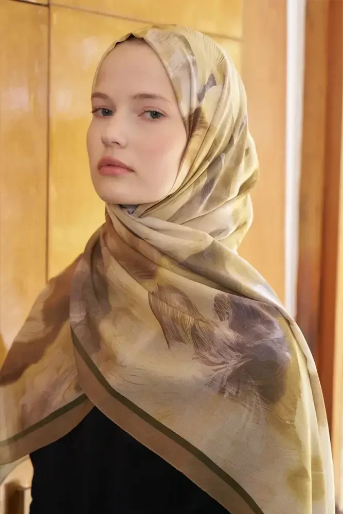 Fransız İpeği Ahenk Desen Şal - Hardal - 1