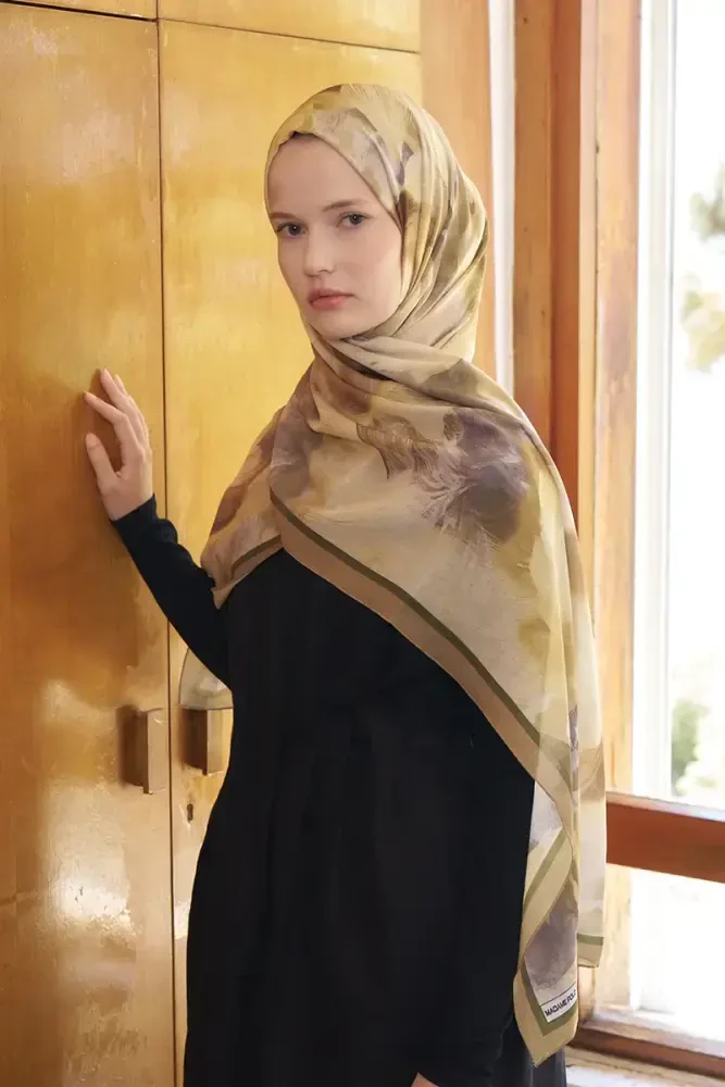 Fransız İpeği Ahenk Desen Şal - Hardal - MADAME POLO