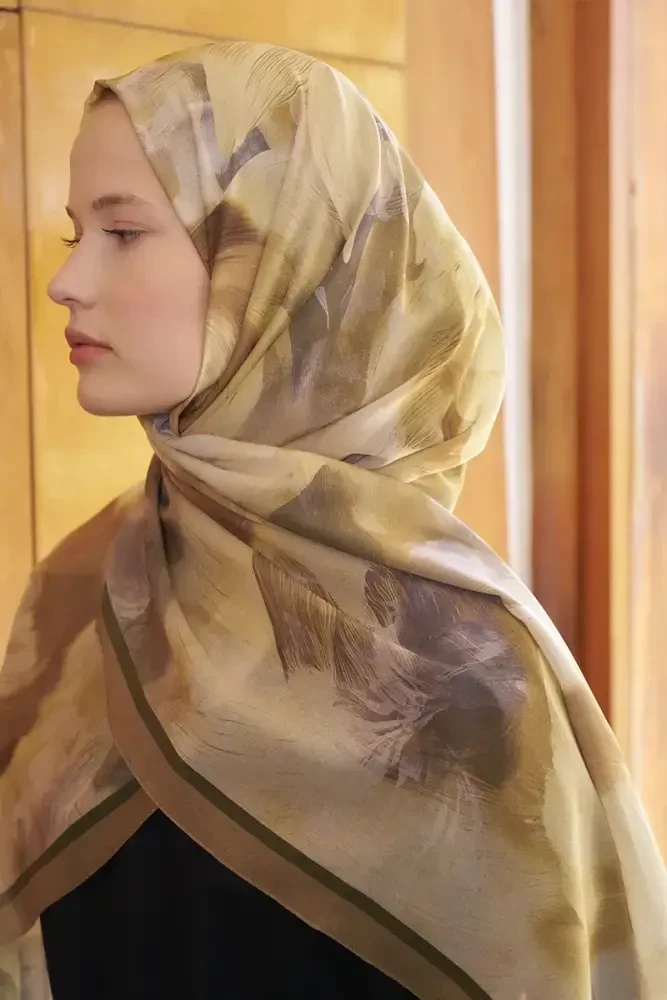 Fransız İpeği Ahenk Desen Şal - Hardal - MADAME POLO