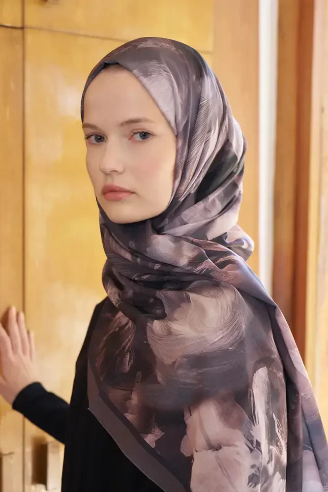 Fransız İpeği Ahenk Desen Şal - Kahverengi - MADAME POLO