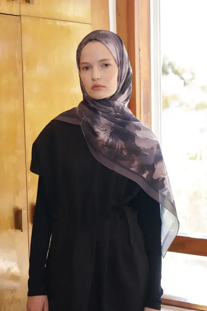 Fransız İpeği Ahenk Desen Şal - Kahverengi - 4