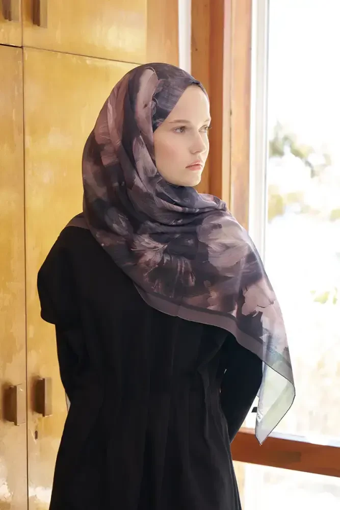 Fransız İpeği Ahenk Desen Şal - Kahverengi - MADAME POLO