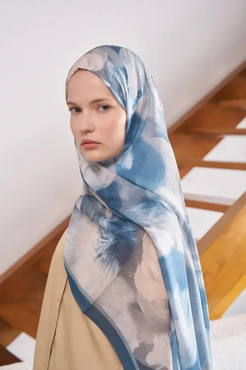 Fransız İpeği Ahenk Desen Şal - Mavi 