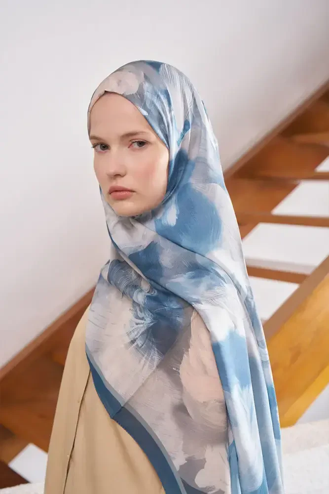 Fransız İpeği Ahenk Desen Şal - Mavi - 1