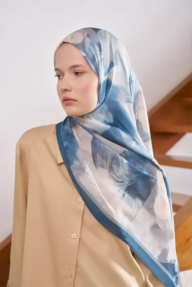 Fransız İpeği Ahenk Desen Şal - Mavi - MADAME POLO