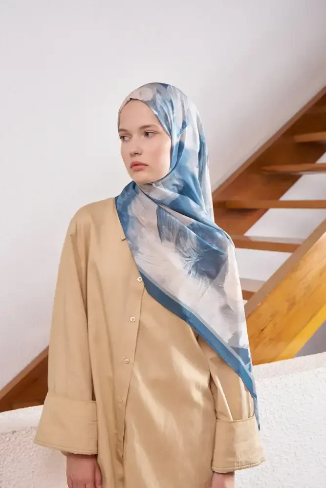 Fransız İpeği Ahenk Desen Şal - Mavi - 3