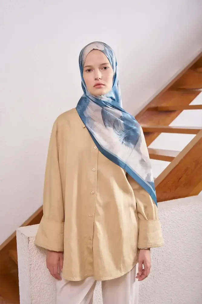 Fransız İpeği Ahenk Desen Şal - Mavi - 4