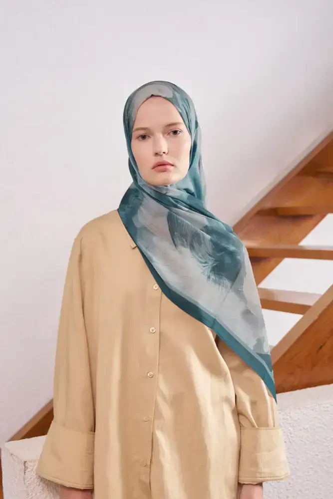 Fransız İpeği Ahenk Desen Şal - Petrol - 4