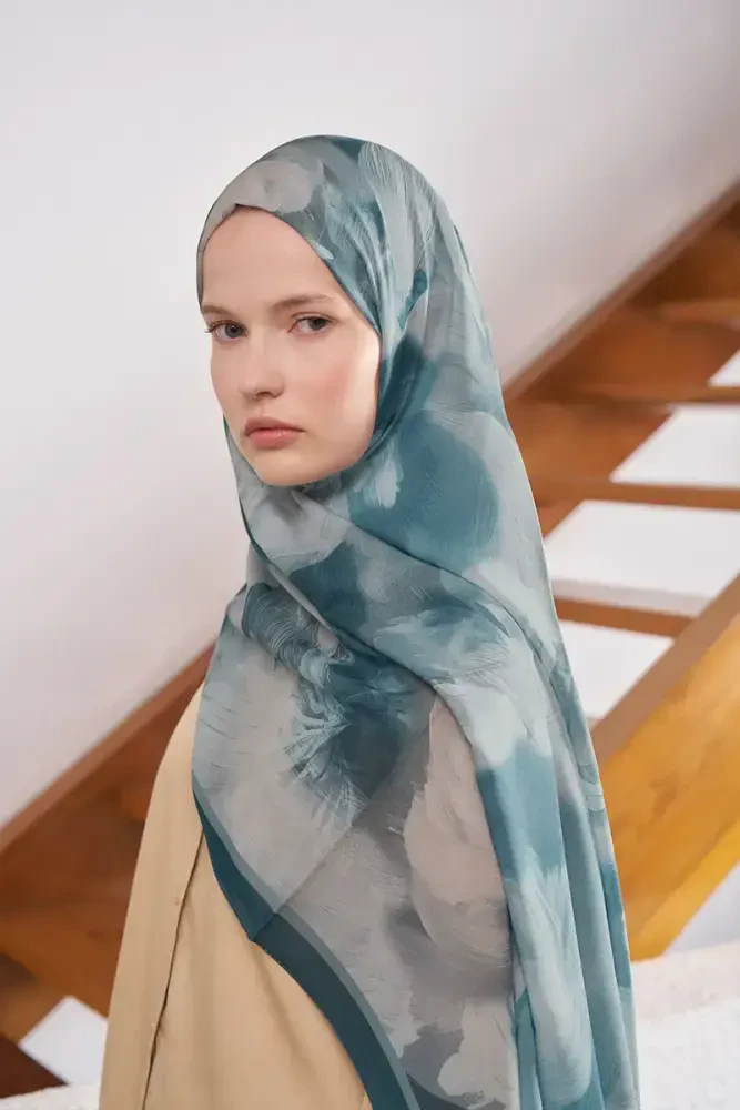 Fransız İpeği Ahenk Desen Şal - Petrol - MADAME POLO