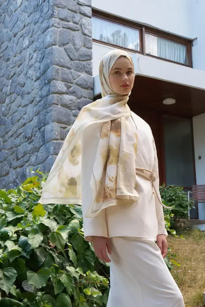 Fransız İpeği Ahenk Desen Şal - Sarı - MADAME POLO