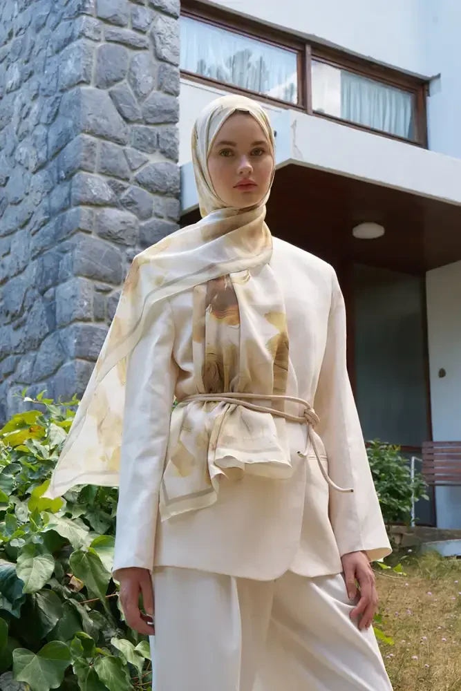 Fransız İpeği Ahenk Desen Şal - Sarı - MADAME POLO