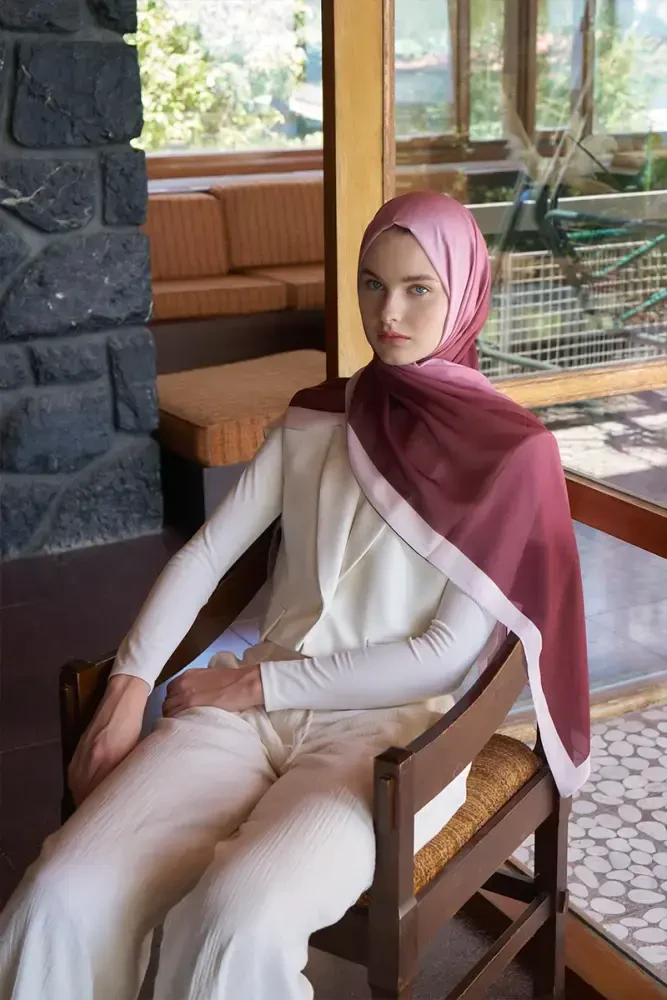 Fransız İpeği Degrade Desen Şal - Bordo - 1